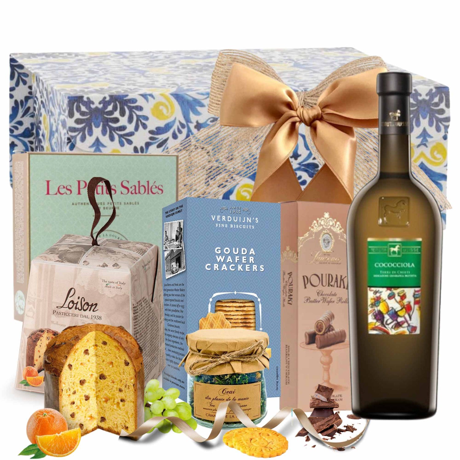 cadou gourmet de paste cu vin alb panettone si dulciuri premium