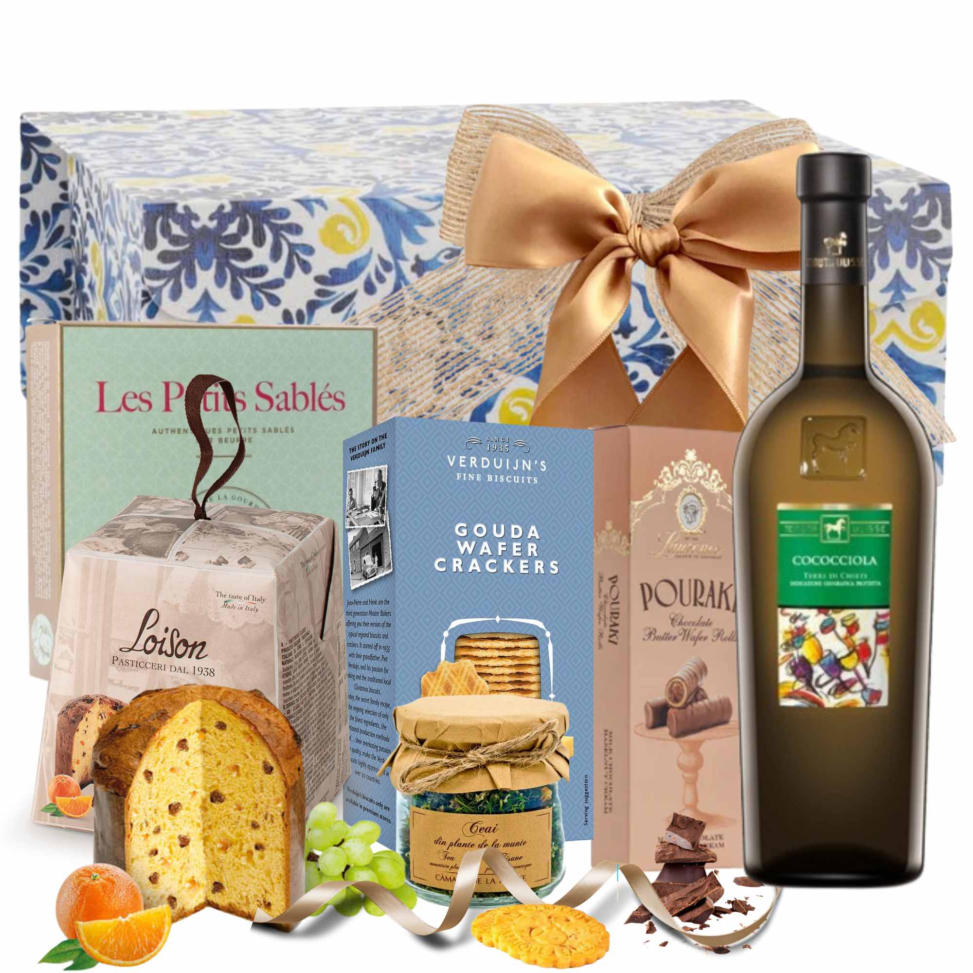 cadou gourmet de paste cu vin alb panettone si dulciuri premium