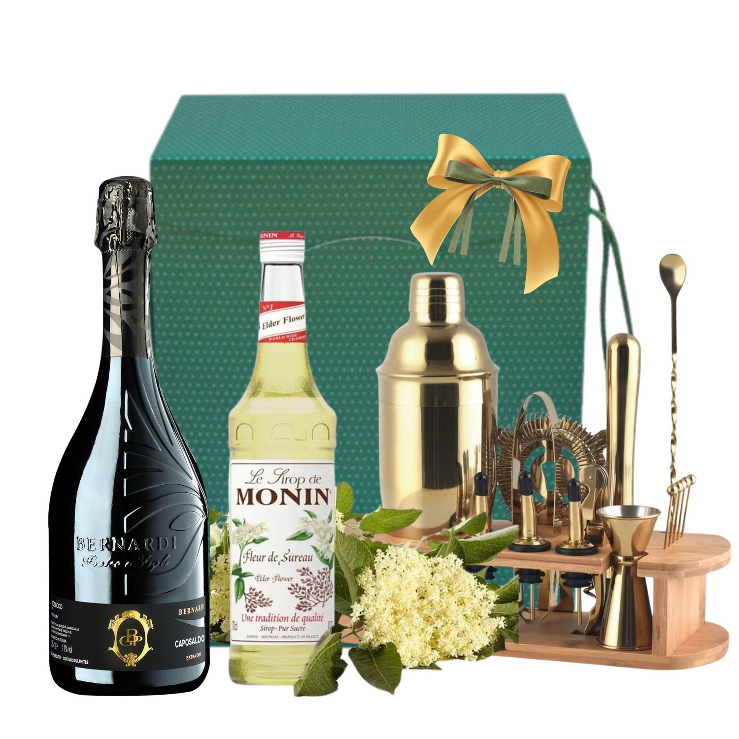 Set Hugo Prosecco Cocktail cu Prosecco extra dry, sirop Monin și set mixology în cutie premium