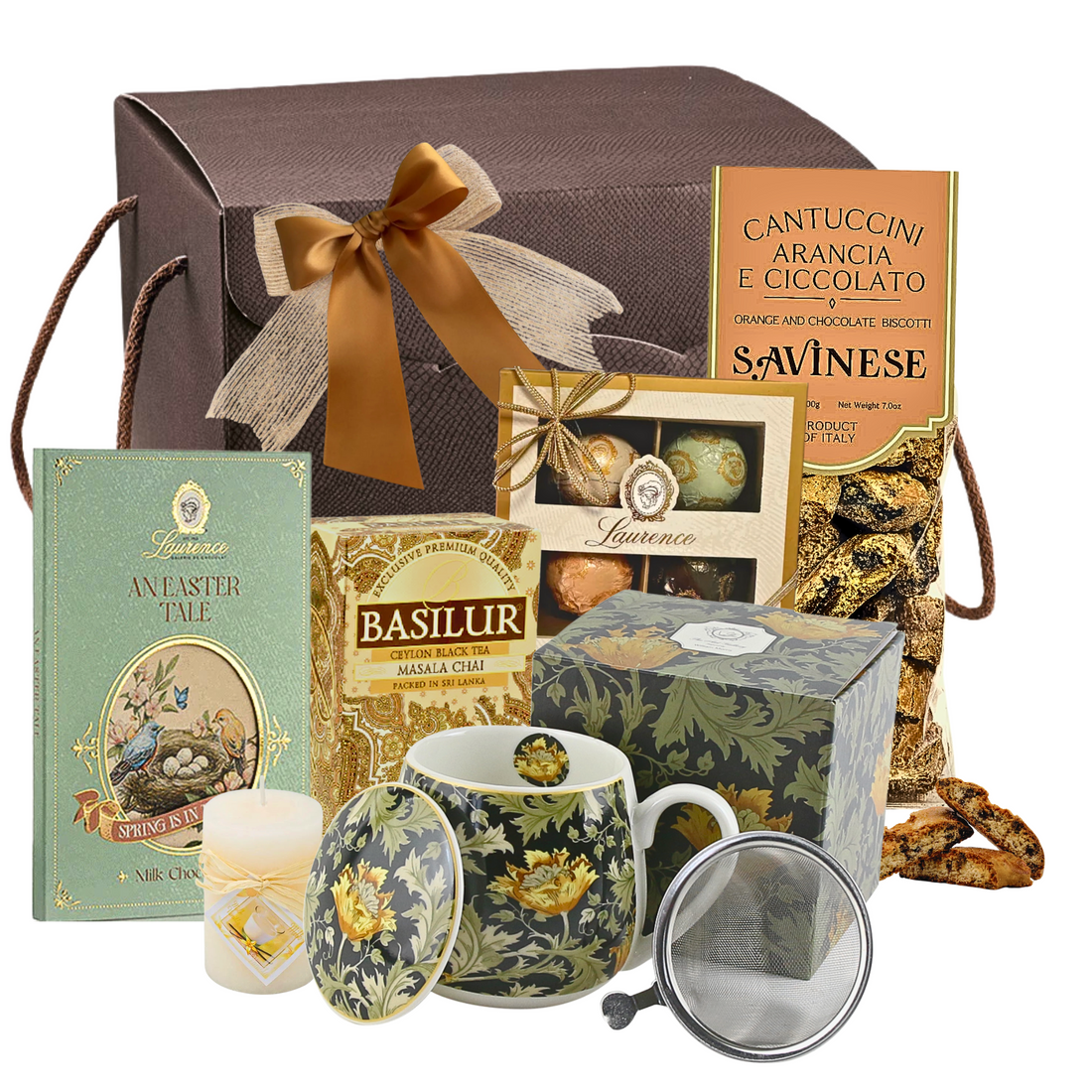 Coș cadou Hoppy Delights cu ceai Masala Chai, biscuiți cantuccini, praline, cană porțelan și decor „Happy Easter”