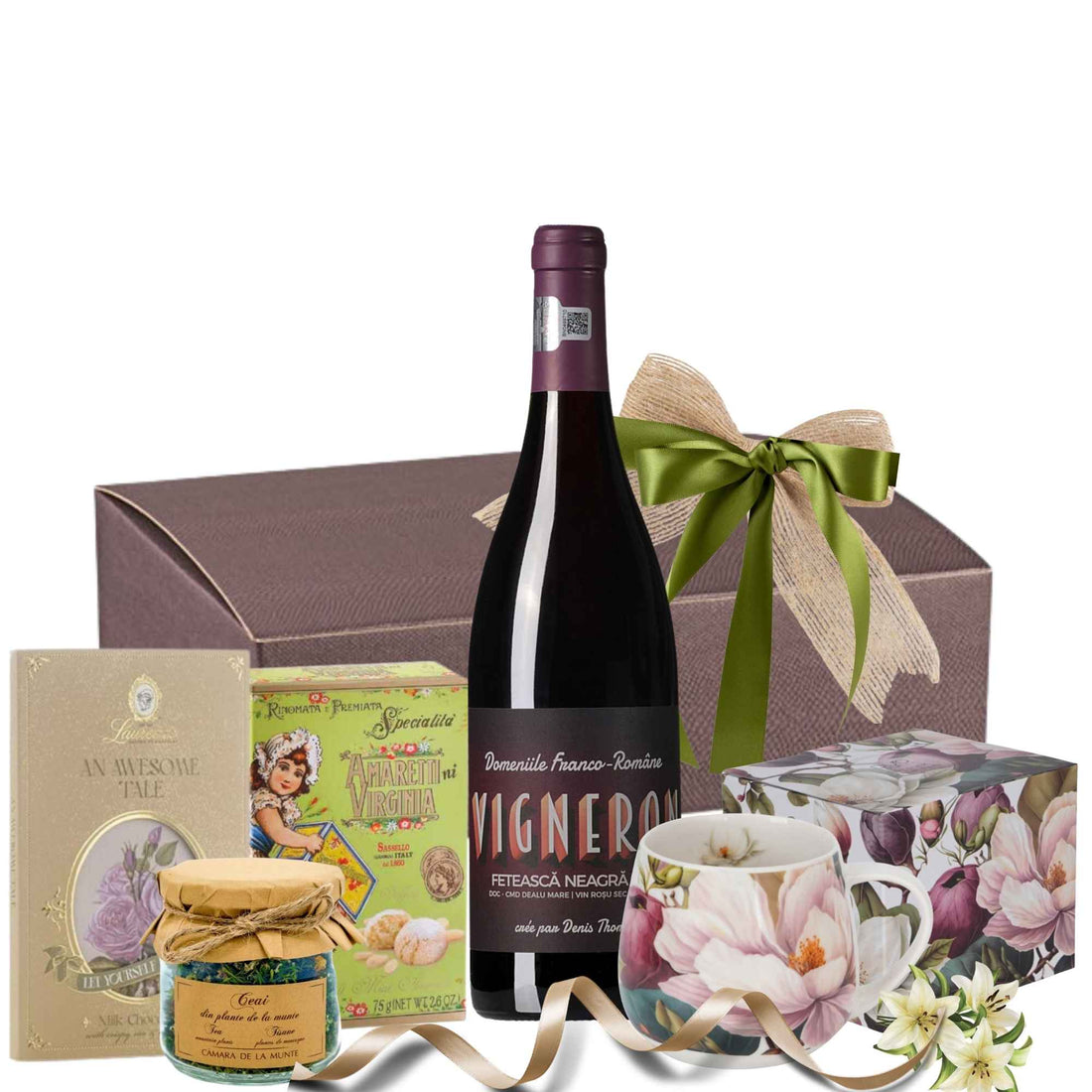 cadou paste femei cu vin rosu ciocolata biscuiti ceai si cana florala