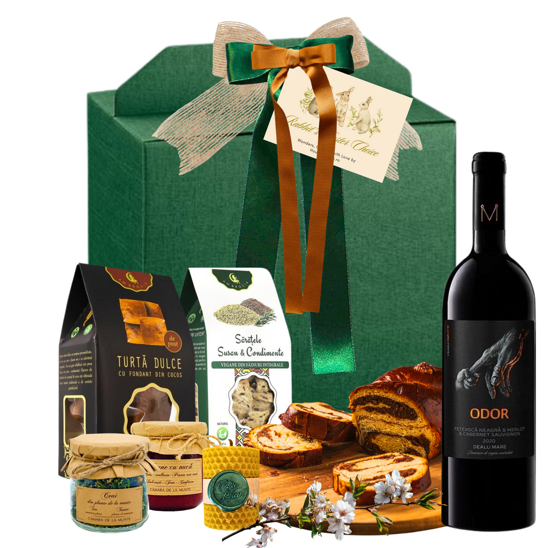 Coș Paste Fericit cu vin Fetească Neagră & Merlot Odor, dulciuri artizanale și lumânare festivă în ambalaj premium