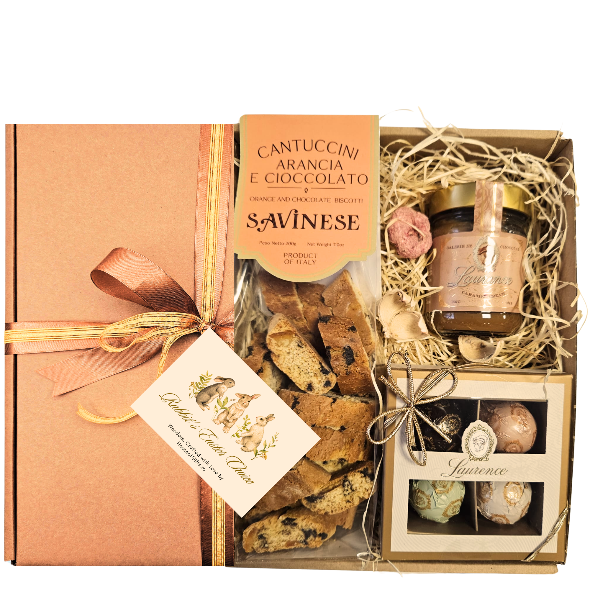 Coș Rabbit’s Easter Choice cu cremă de caramel, praline și cantuccini în cutie decorată cu flori uscate
