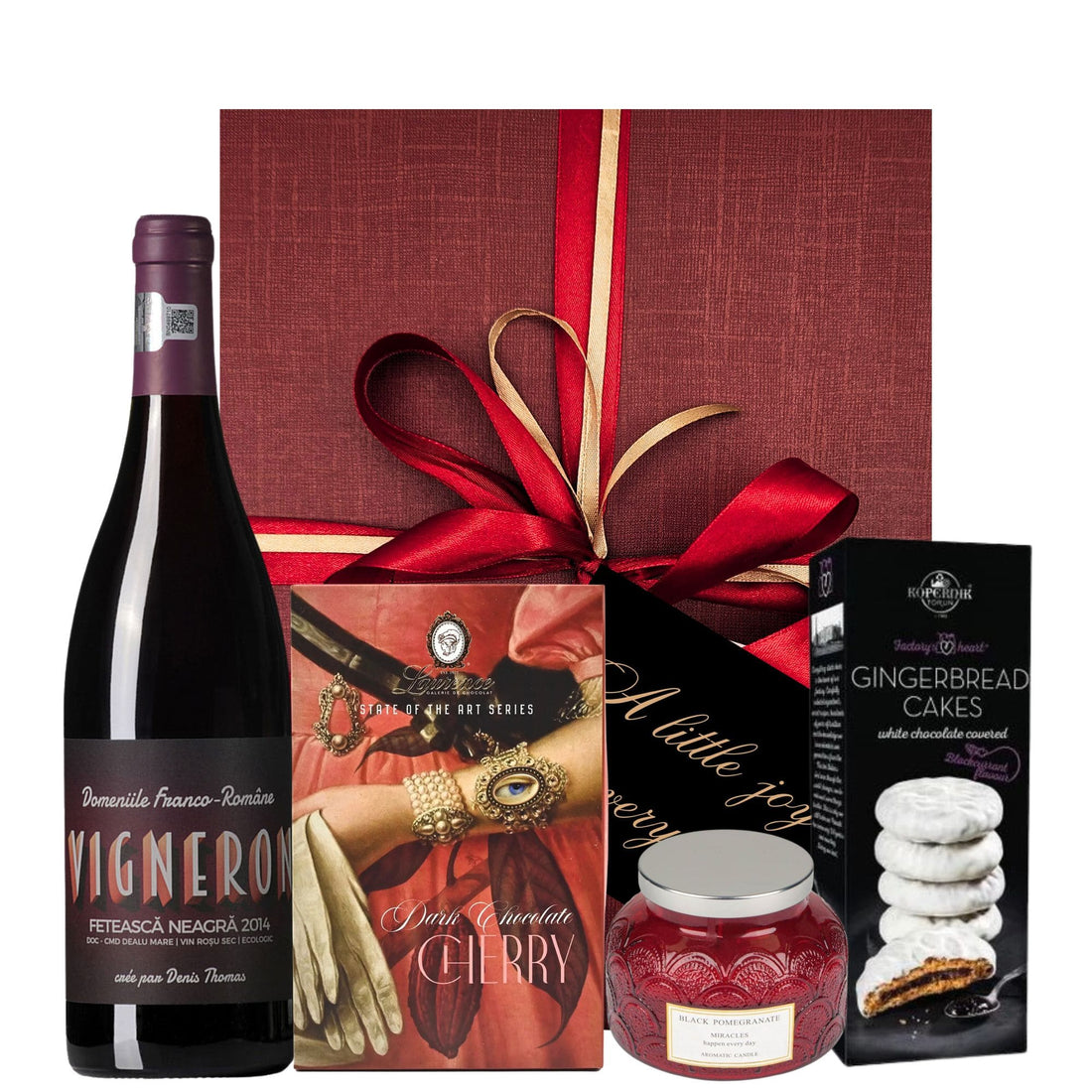 Set Sophisticated Treats cu vin roșu, ciocolată artizanală, turta dulce și lumânare în cutie premium

