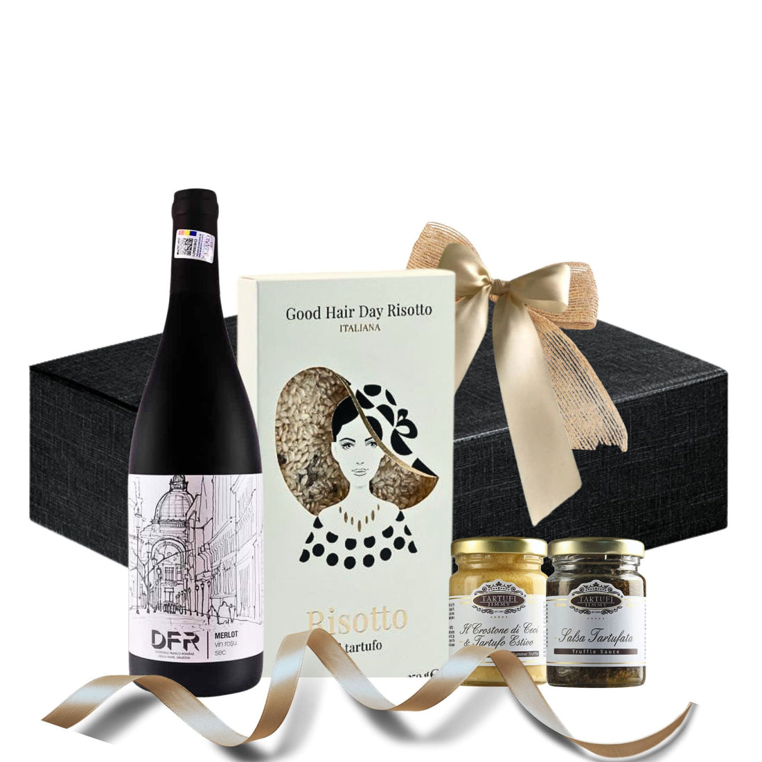 Set cadou Elegant Truffle Dining cu Merlot, risotto și delicatese cu trufe în cutie premium