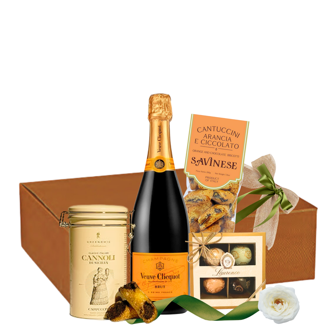 Set Orange Veuve Celebration cu Veuve Clicquot Brut, cannoli, praline și cantuccini în cutie premium