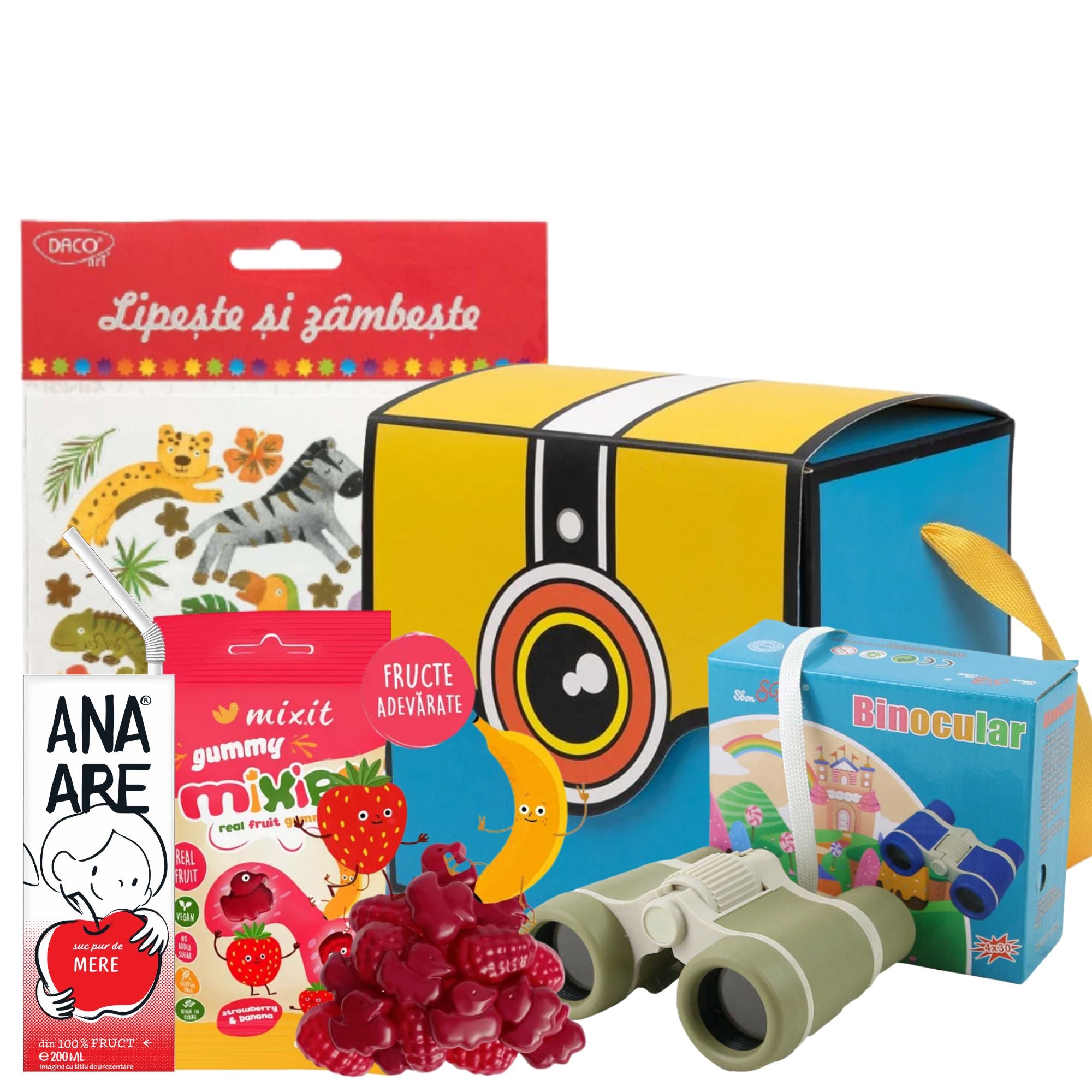 Cadou pentru copii cu binoclu, jeleuri naturale, fructe crocante, suc de mere și stickere Safari, ambalat în cutie cadou Minion colorată.