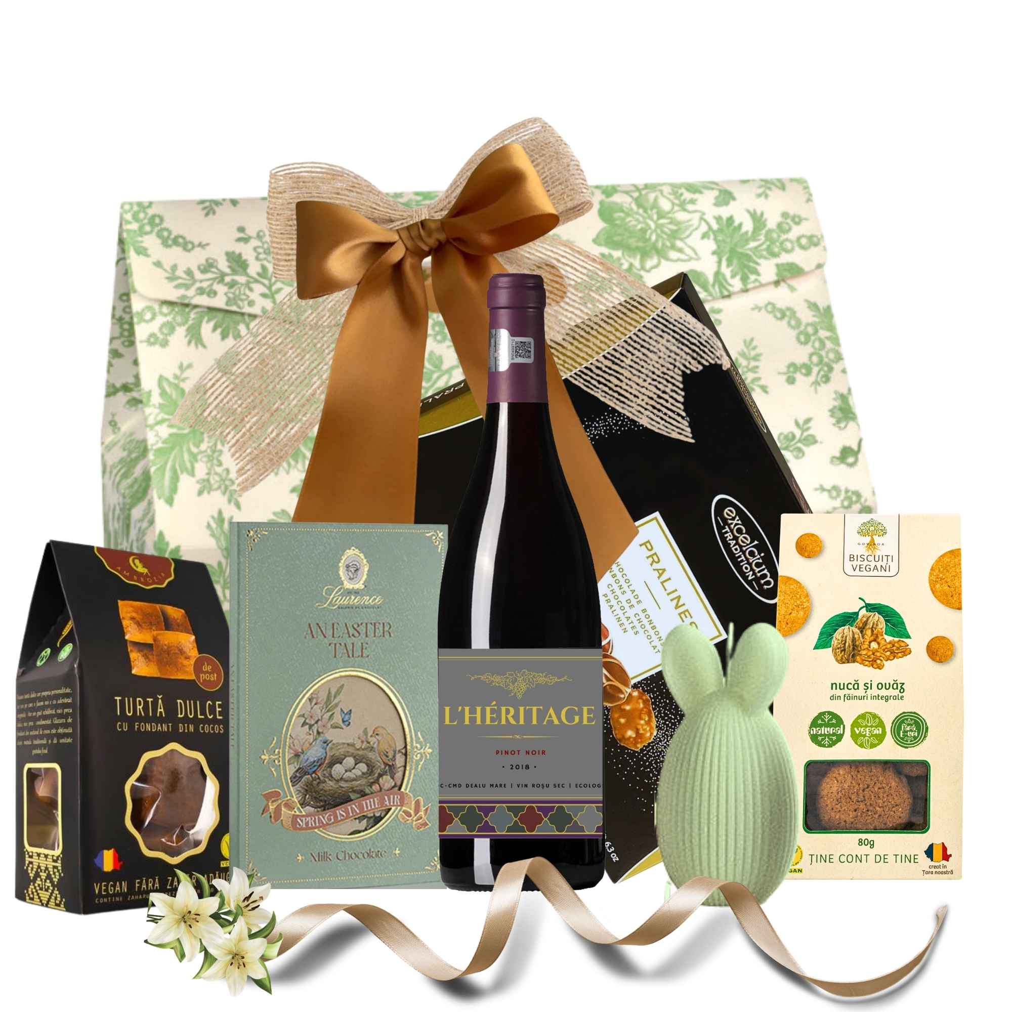 cadouri de iepuras cu vin rosu praline biscuiti vegani si lumanare decorativa