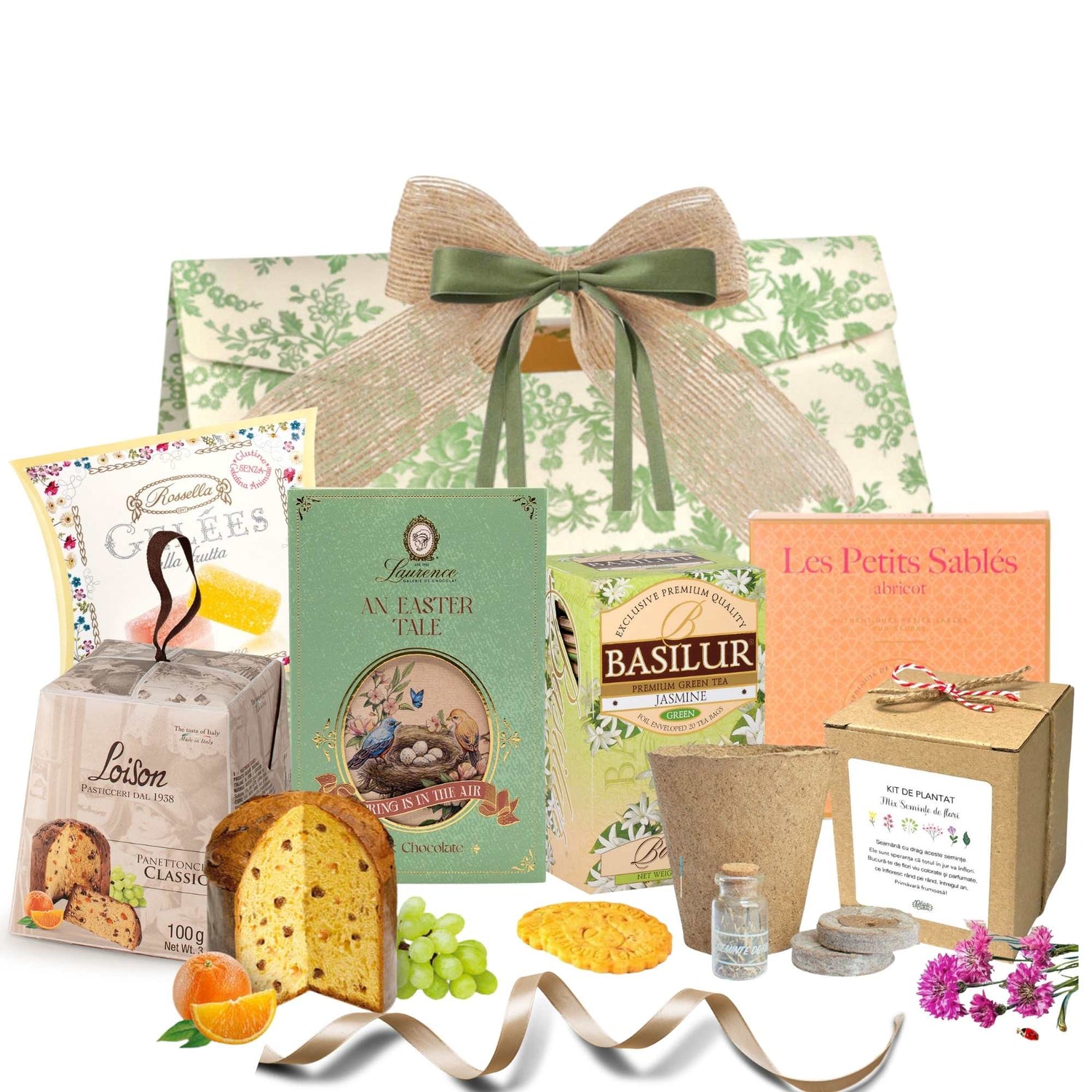 cadouri paste 2026 cos cadou cu panettone biscuiți și ceai