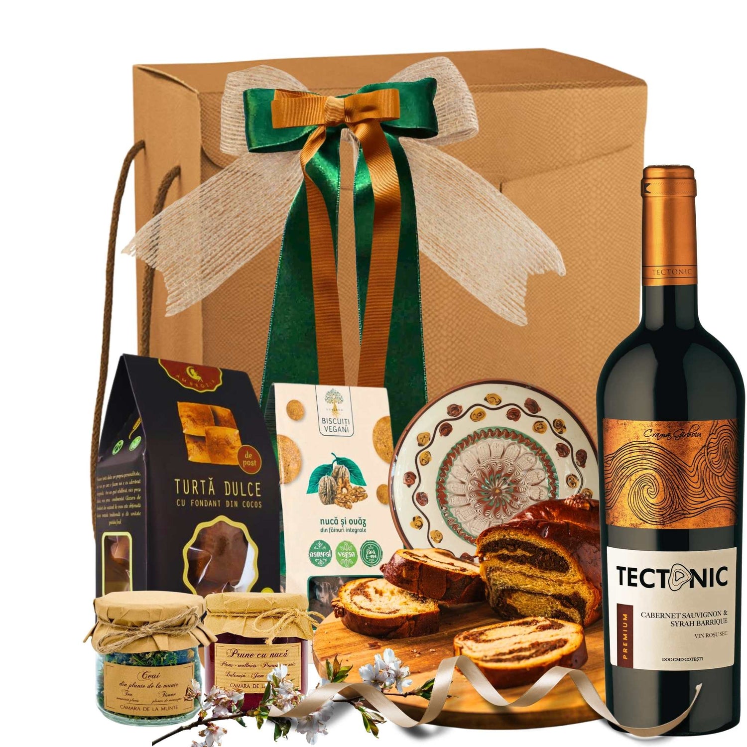 cadouri romanesti de paste cu vin tectonic cozonac si farfurie horezu