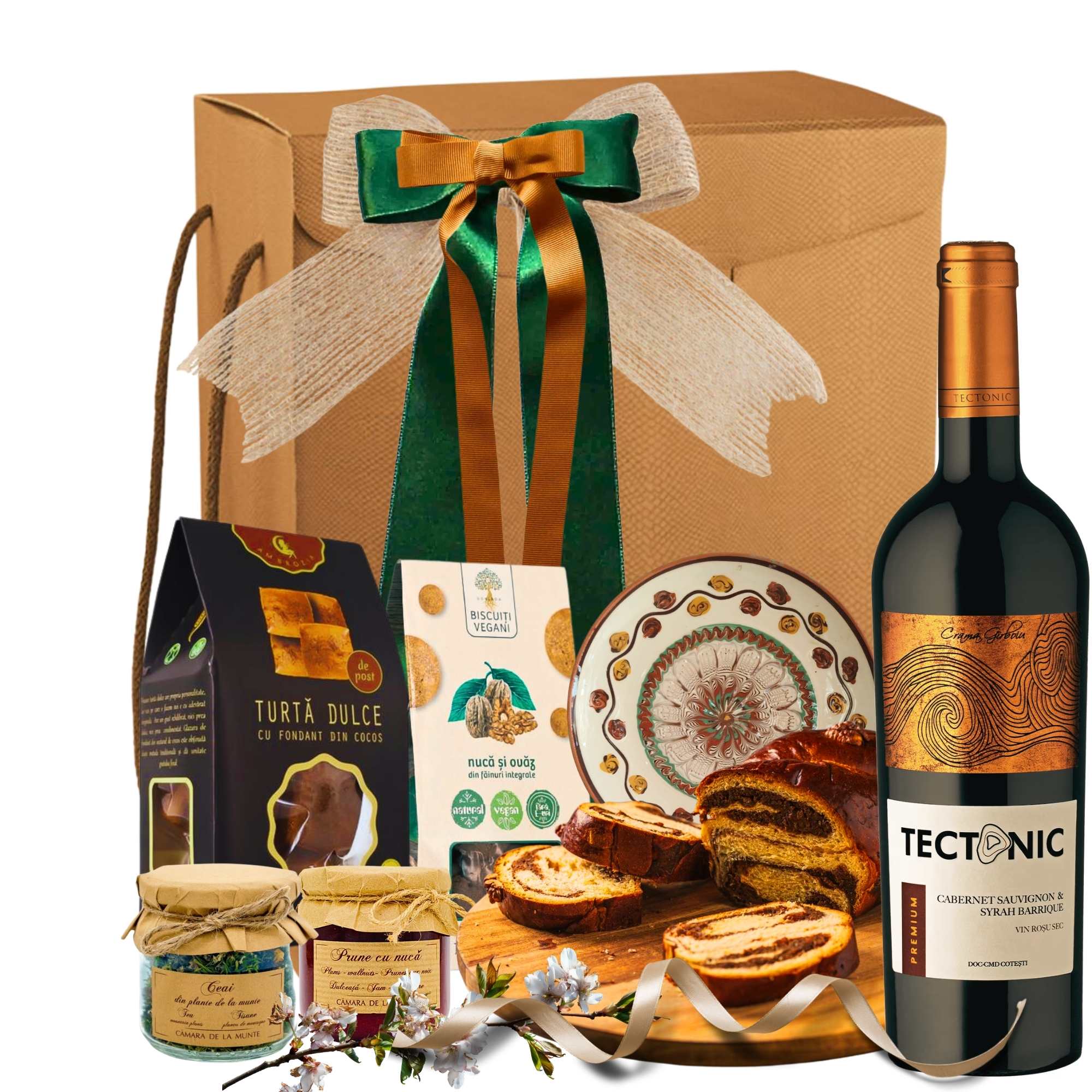 cadouri romanesti de paste cu vin tectonic cozonac si farfurie horezu