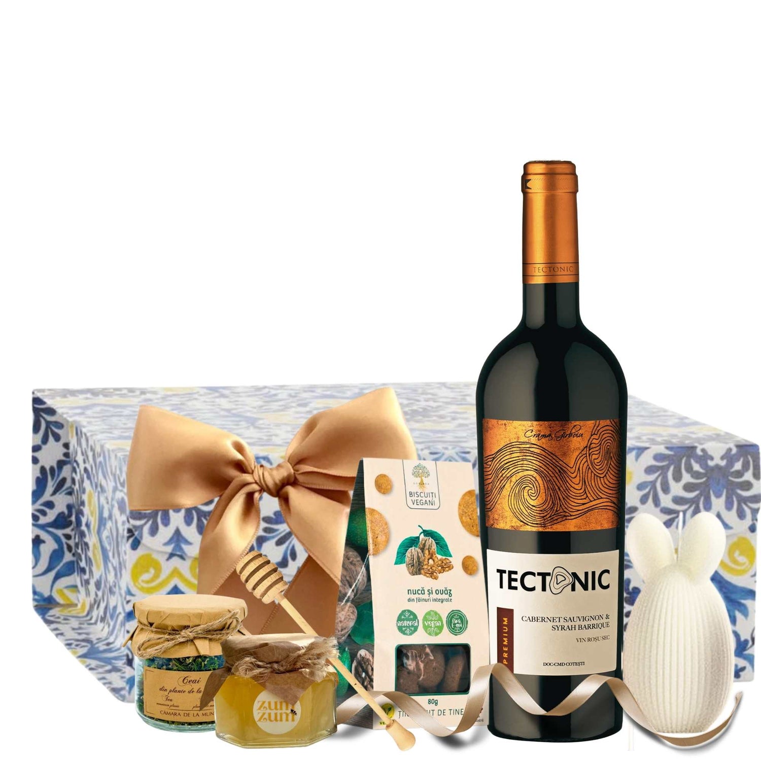 cadouri traditionale de paste cu vin tectonic miere bio si ceai de munte