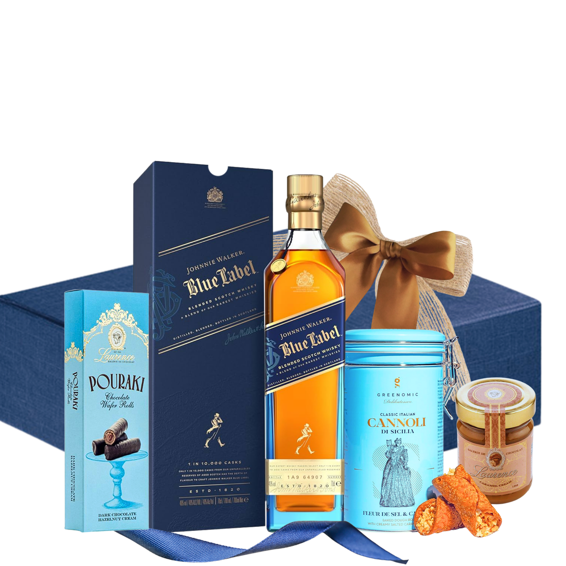 Set Blue Label Delights cu Johnnie Walker Blue Label, cannoli, crema caramel și cremă de alune în ambalaj premium