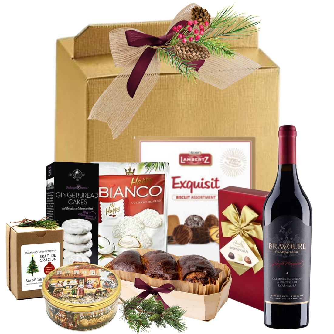 Pachet cadou Celebration Collection cu vin Bravoure, biscuiți Lambertz, cozonac artizanal și kit plantare brad în ambalaj premium
