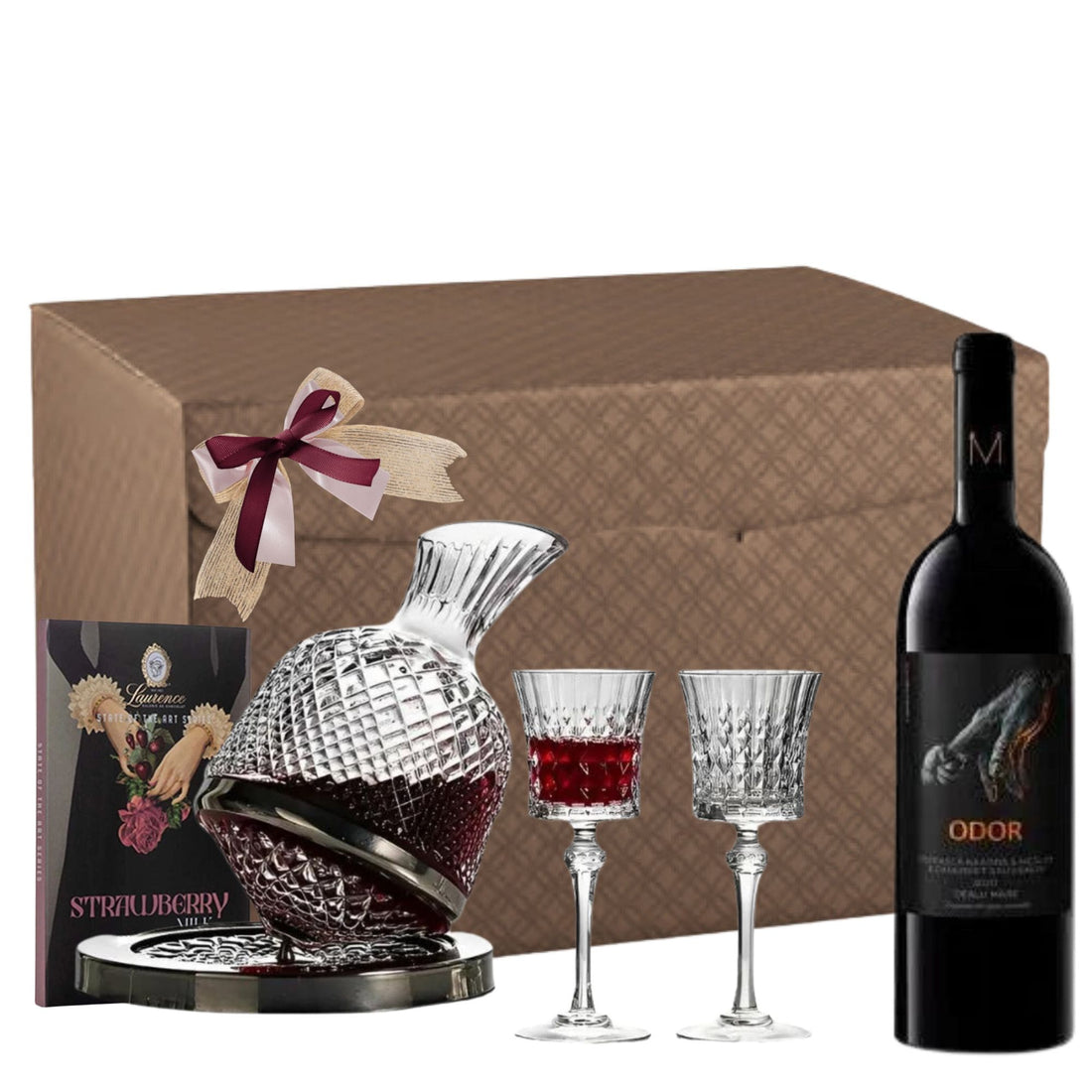 Set Aurum Ruby Noble Decanter cu vin Crama de Matei Odor, decantor rotativ și ciocolată Laurence în cutie premium
