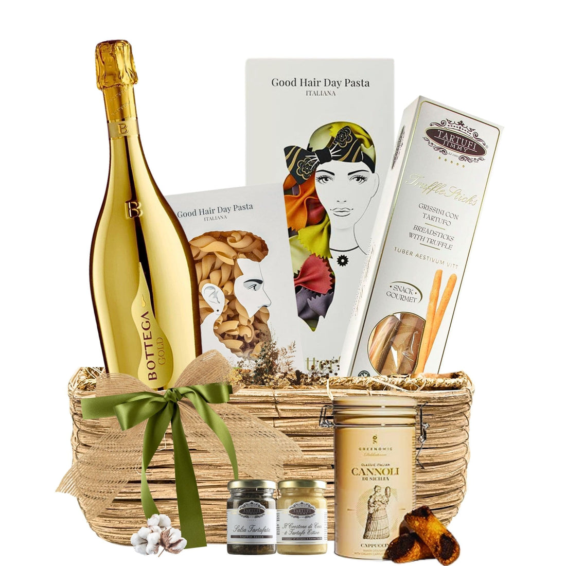 Coș Cadou Bottega Fusion cu Prosecco Bottega Gold, paste Greenomic și delicii Tartufi Jimmy