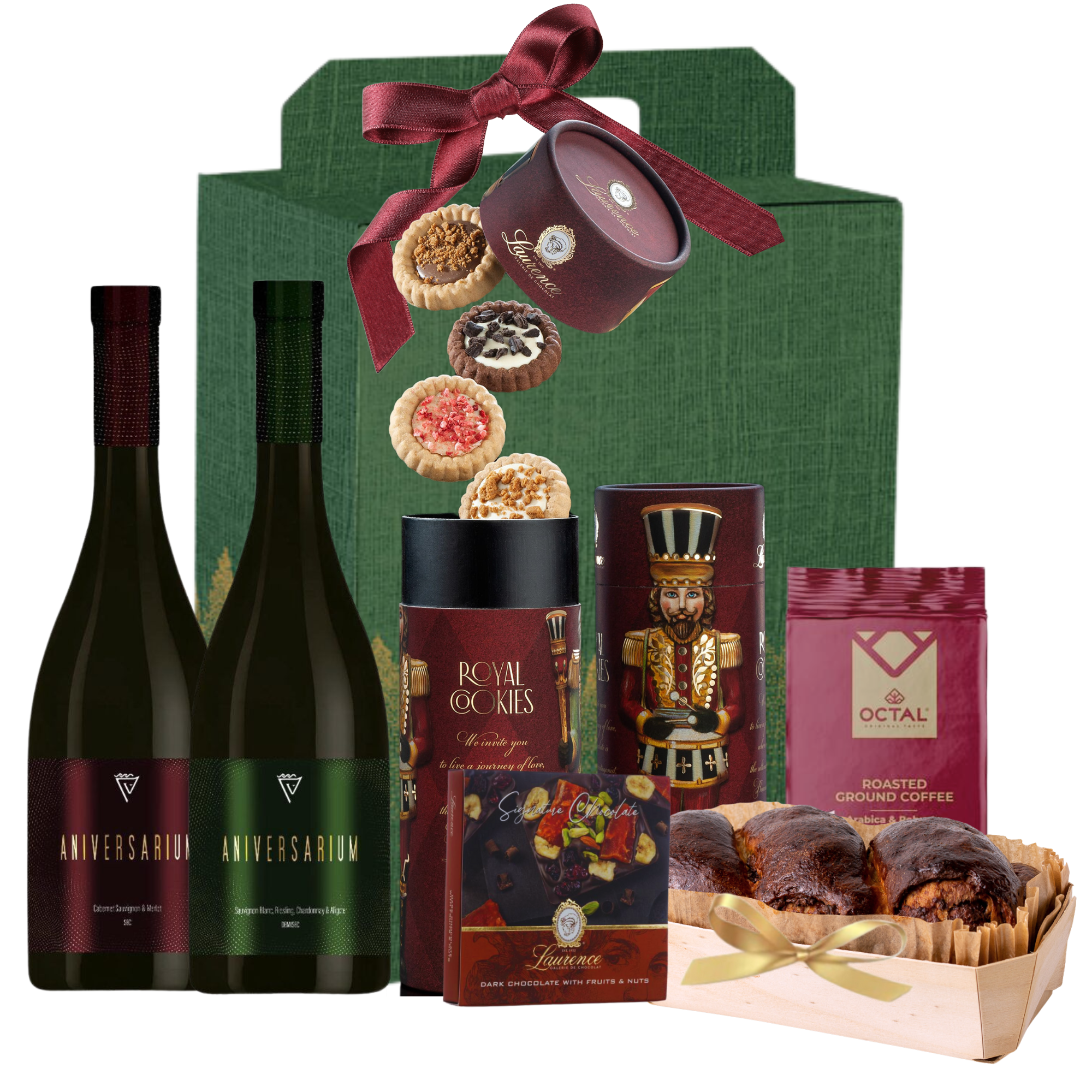 Set Celebration Duo cu vin Cabernet Sauvignon, Sauvignon Blanc, dulciuri artizanale și cozonac într-o cutie festivă
