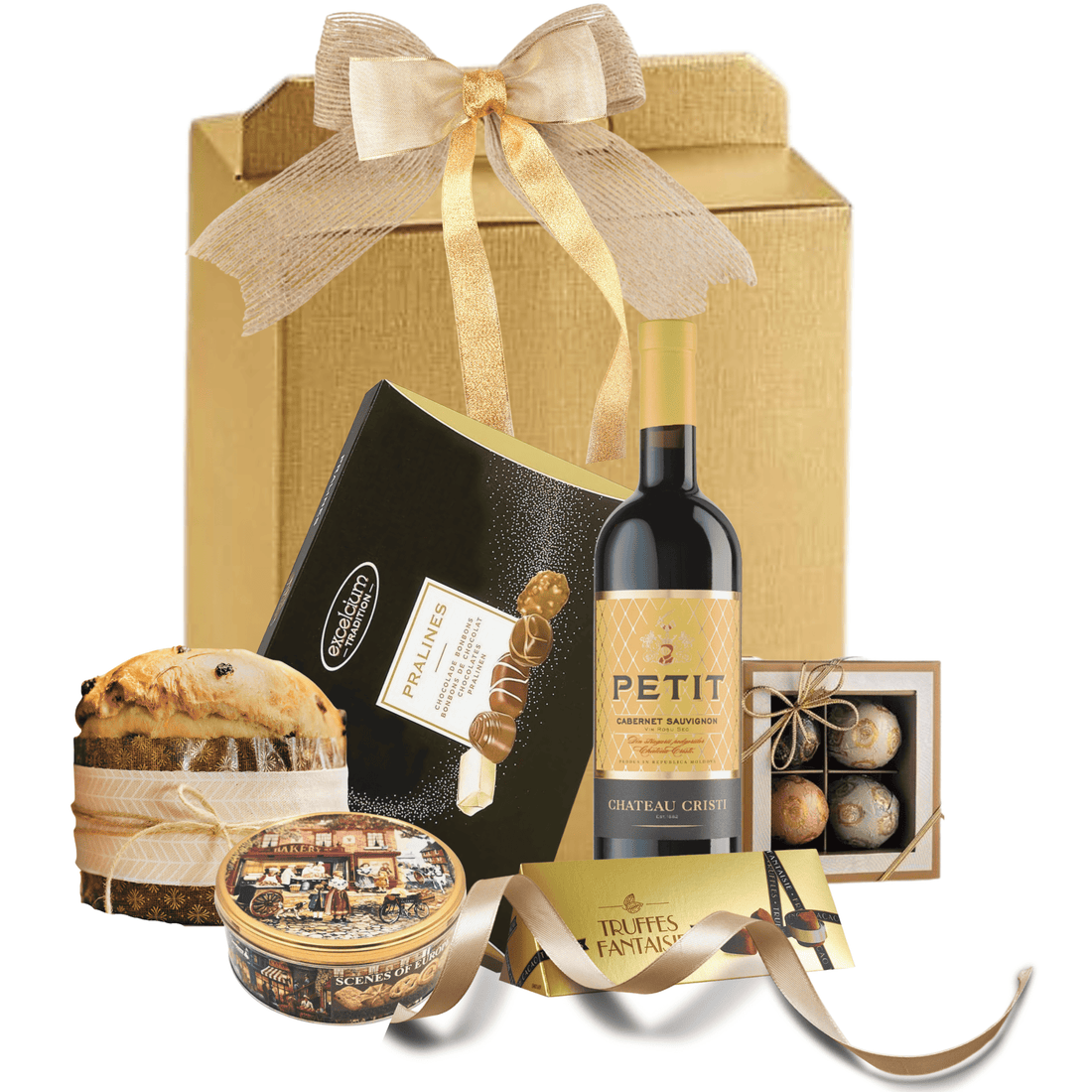 Coș Celebration in a Box cu vin Roșu Petit Cabernet Sauvignon, praline Excelcium și panettone în ambalaj premium

