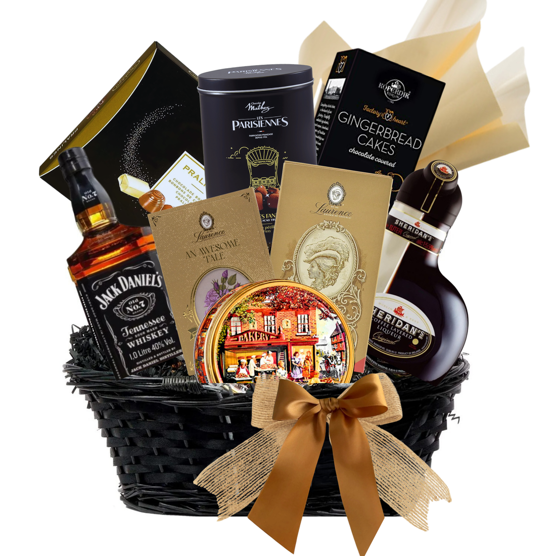 Coș Classic Spirits cu whisky Jack Daniels, lichior Sheridan’s, trufe Mathez și dulciuri gourmet într-un coș premium