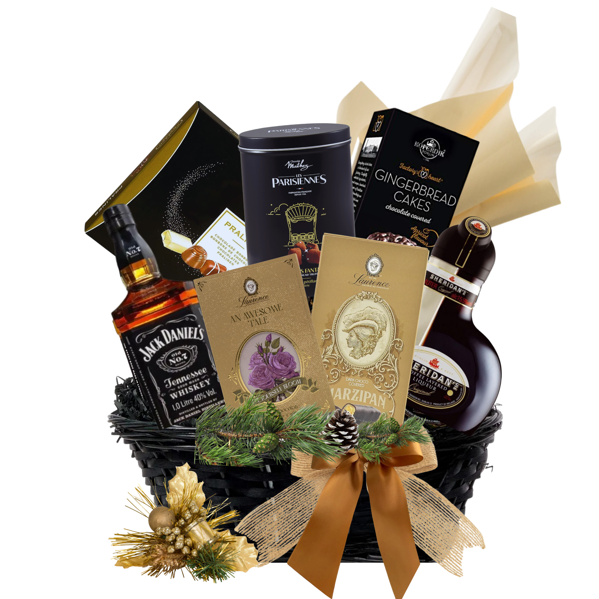 Coș Classic Spirits cu whisky Jack Daniels, lichior Sheridan’s, trufe Mathez și dulciuri gourmet într-un coș premium