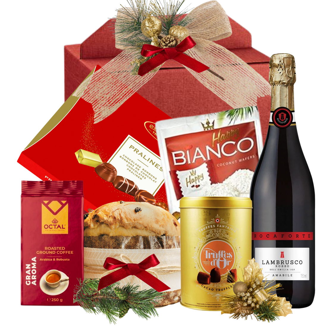 Coș Cadou Christmas Treasures cu Lambrusco Rosso Roca Forte, cafea Octal, praline Excelcium, napolitane Happy BIANCO și panettone în ambalaj festiv
