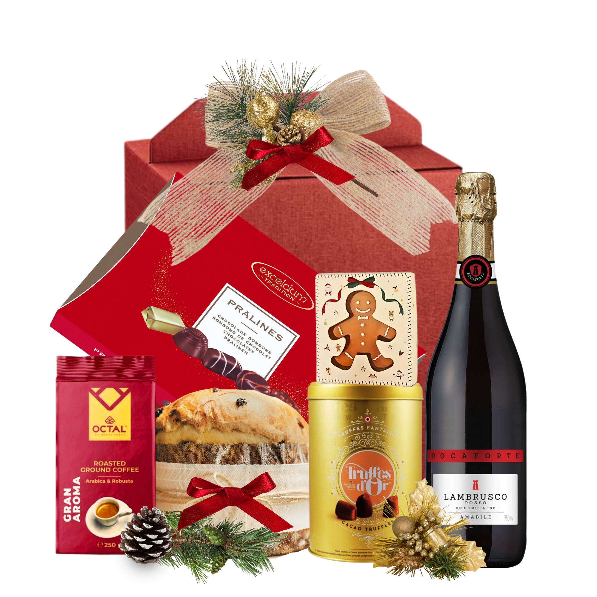 Coș Cadou Christmas Treasures cu Lambrusco Rosso Roca Forte, cafea Octal, praline Excelcium, napolitane Happy BIANCO și panettone în ambalaj festiv
