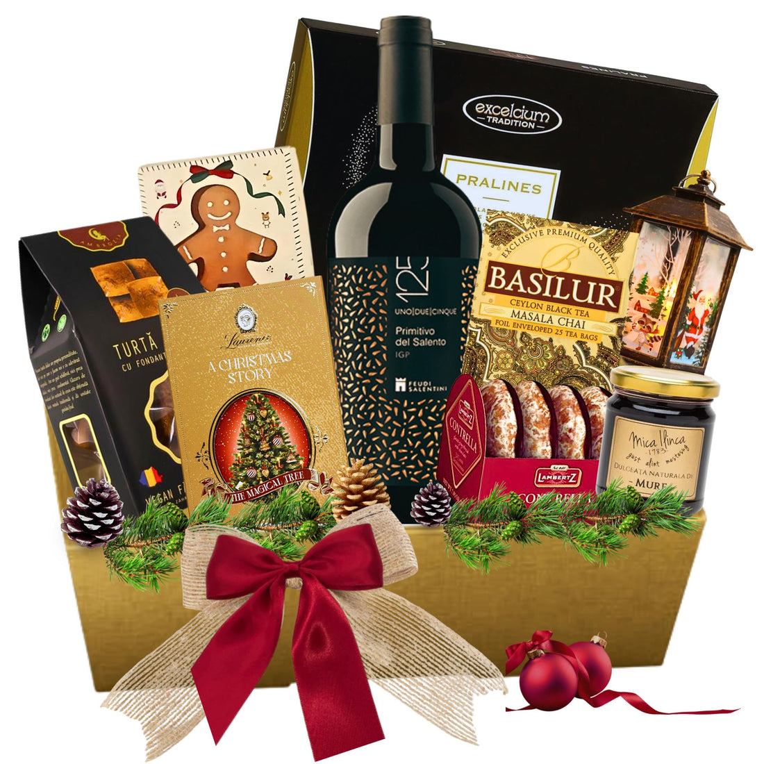 Cos cadou Primitivo Gold cu vin roșu, praline și selecție gourmet în prezentare festivă
