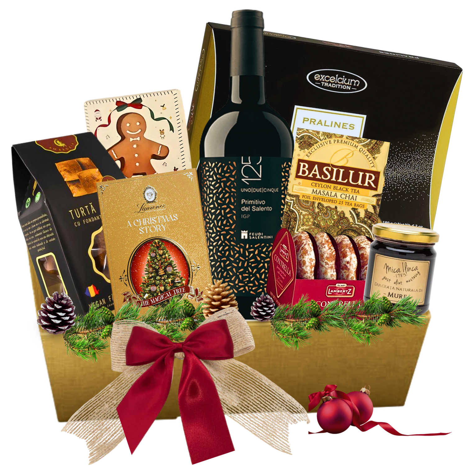Cos cadou Primitivo Gold cu vin roșu, praline și selecție gourmet în prezentare festivă