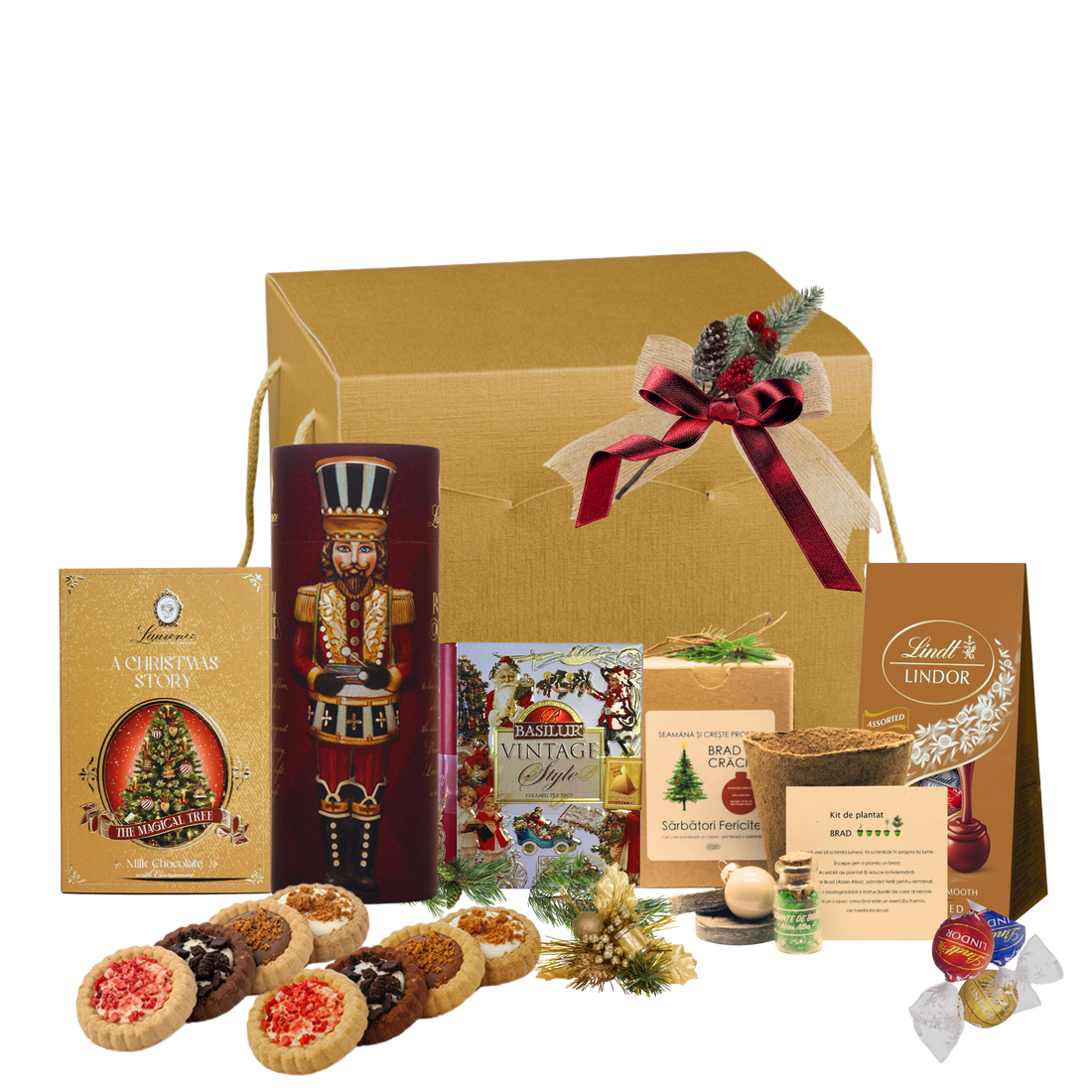 Coș Crăciun Royal Celebration cu kit plantare brad, ceai Basilur, praline Lindor și mini tarte în cutie premium