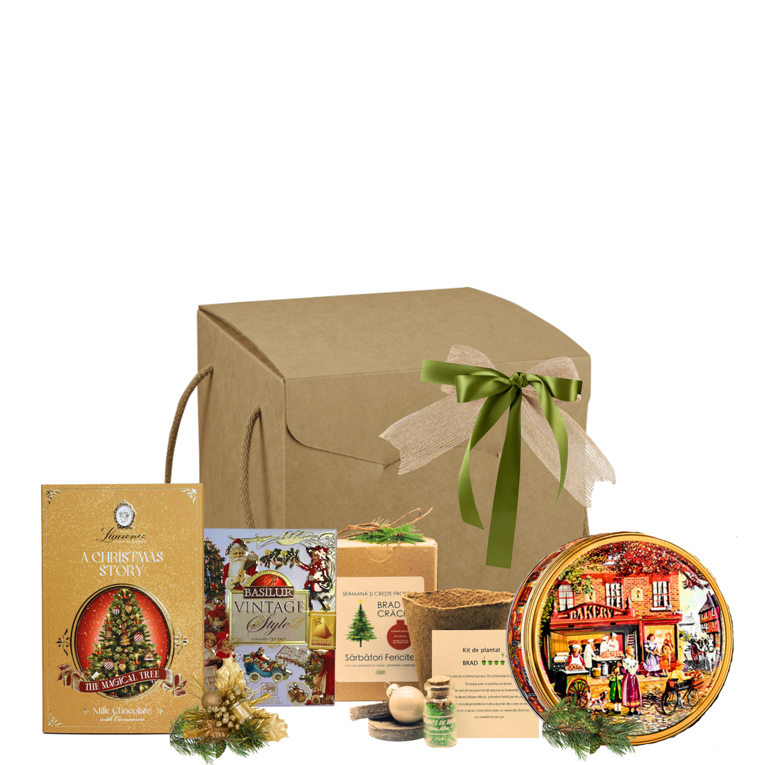 Coș Winter Wonderland cu kit plantare brad, ceai Basilur Vintage, ciocolată Laurence și fursecuri Jacobsen în ambalaj premium