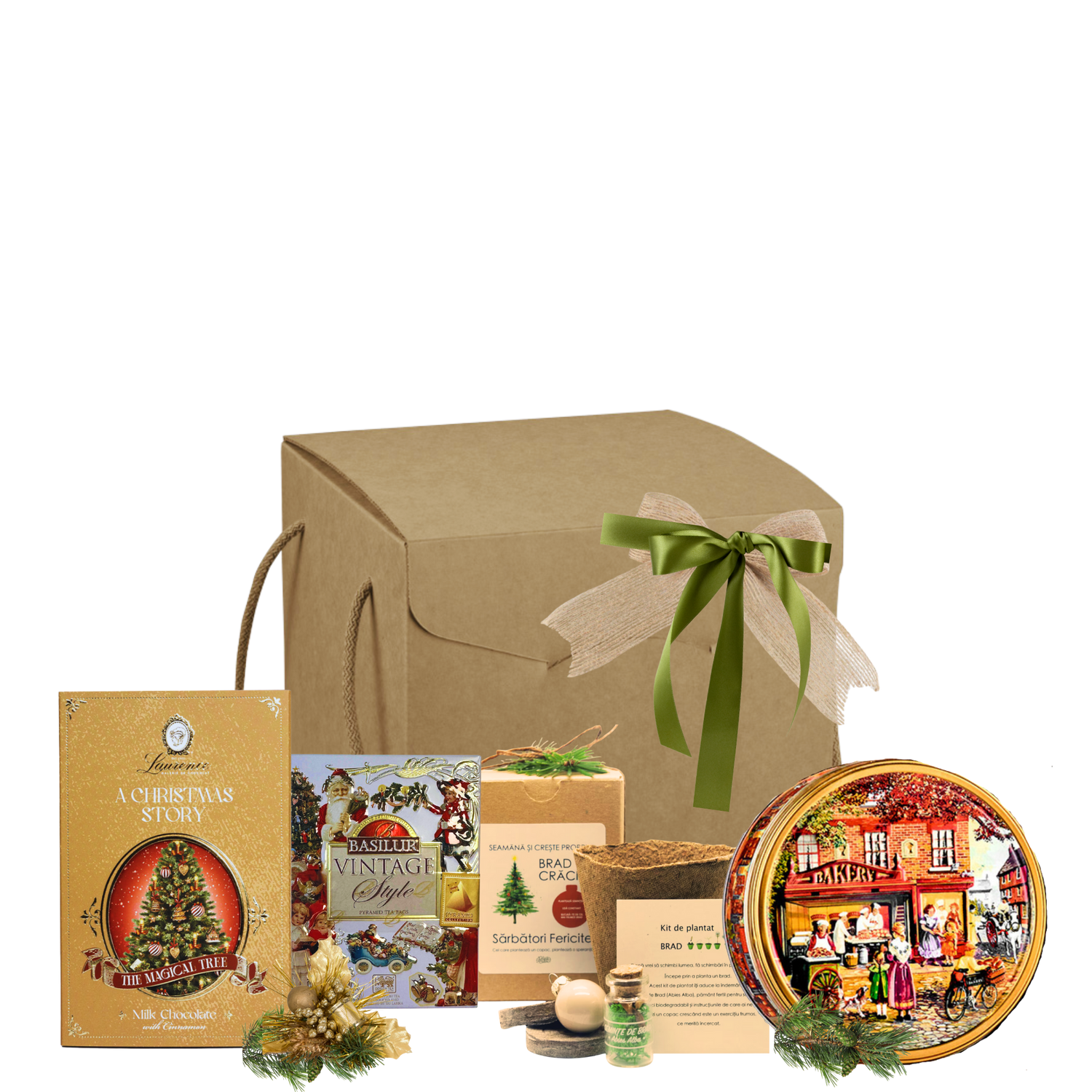 Coș Winter Wonderland cu kit plantare brad, ceai Basilur Vintage, ciocolată Laurence și fursecuri Jacobsen în ambalaj premium