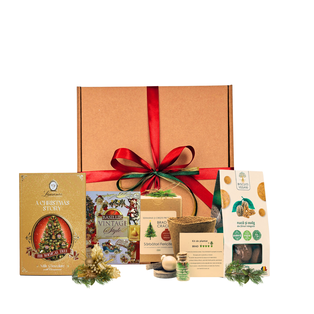 Coș Winter Wonderland cu kit plantare brad, ceai Basilur Vintage, ciocolată Laurence și fursecuri Jacobsen în ambalaj premium