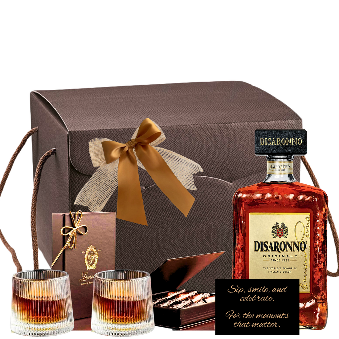 Set cadou Disaronno Amaretto cu pahar rotativ, trabucuri de ciocolată și ambalaj de lux