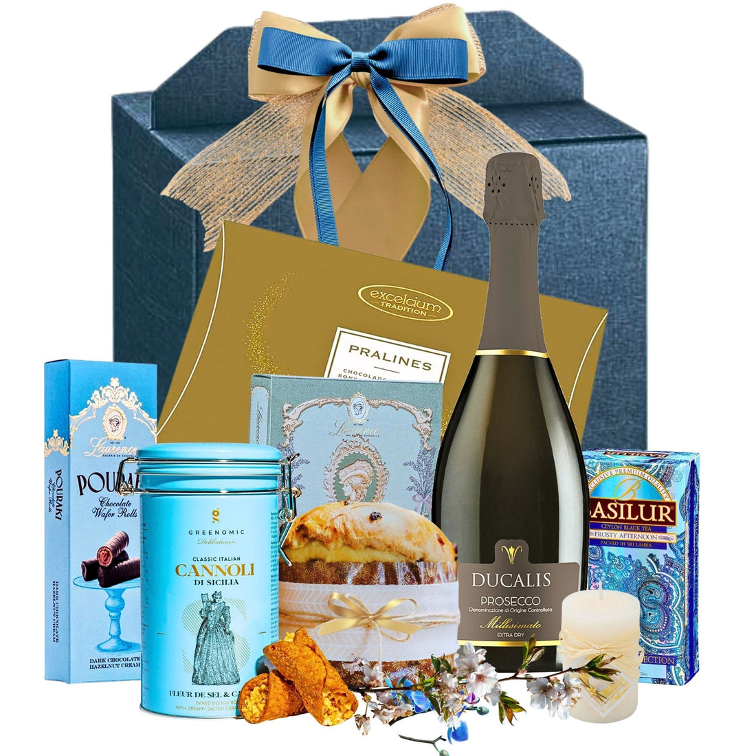 Coș Ducalis Delight Collection cu prosecco Extra Dry, ciocolată Laurence, trufe Mathez și panettone într-o cutie premium

