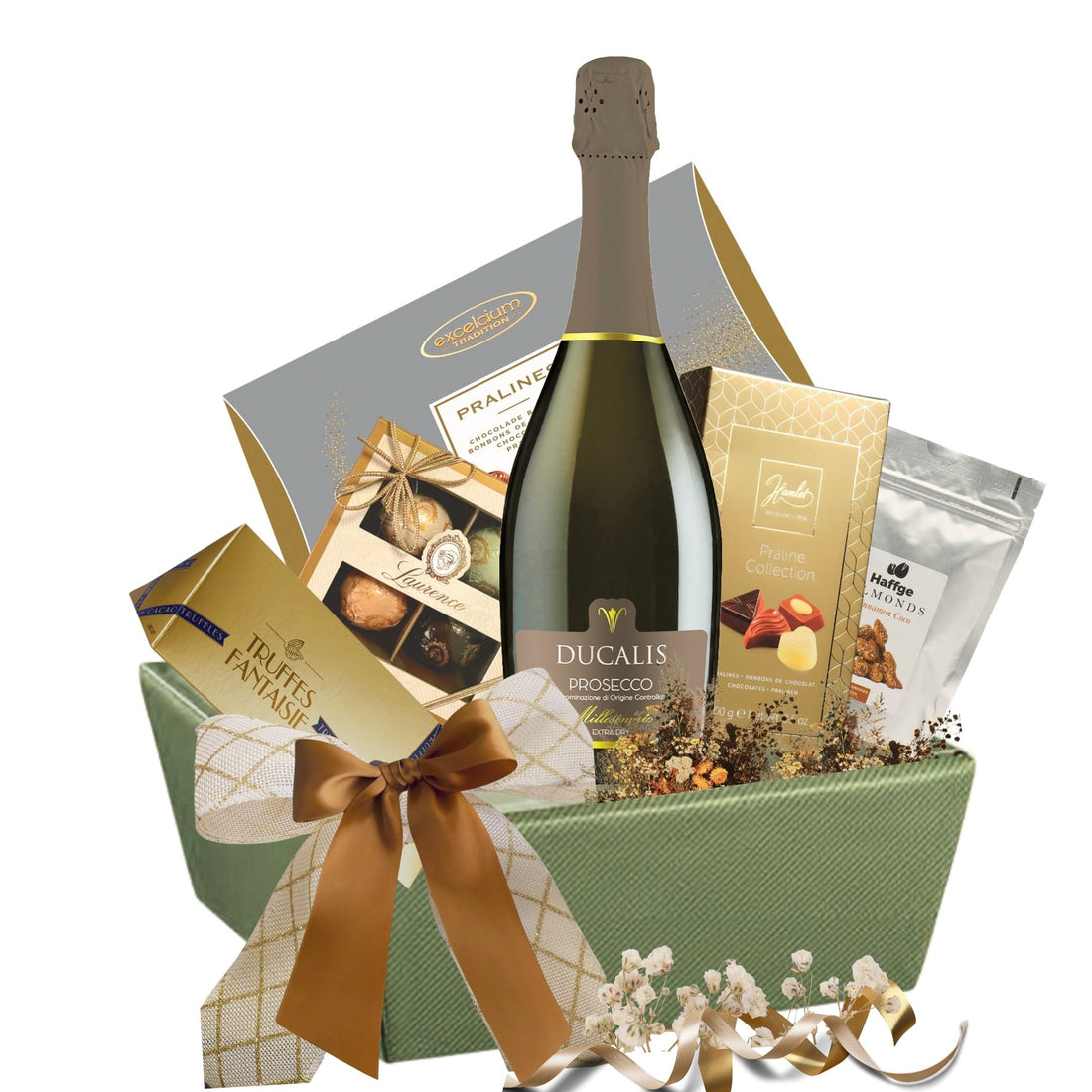 Cadou Festive Sparkle cu Inspiro Vartely Spumant Alb și selecție de praline și migdale