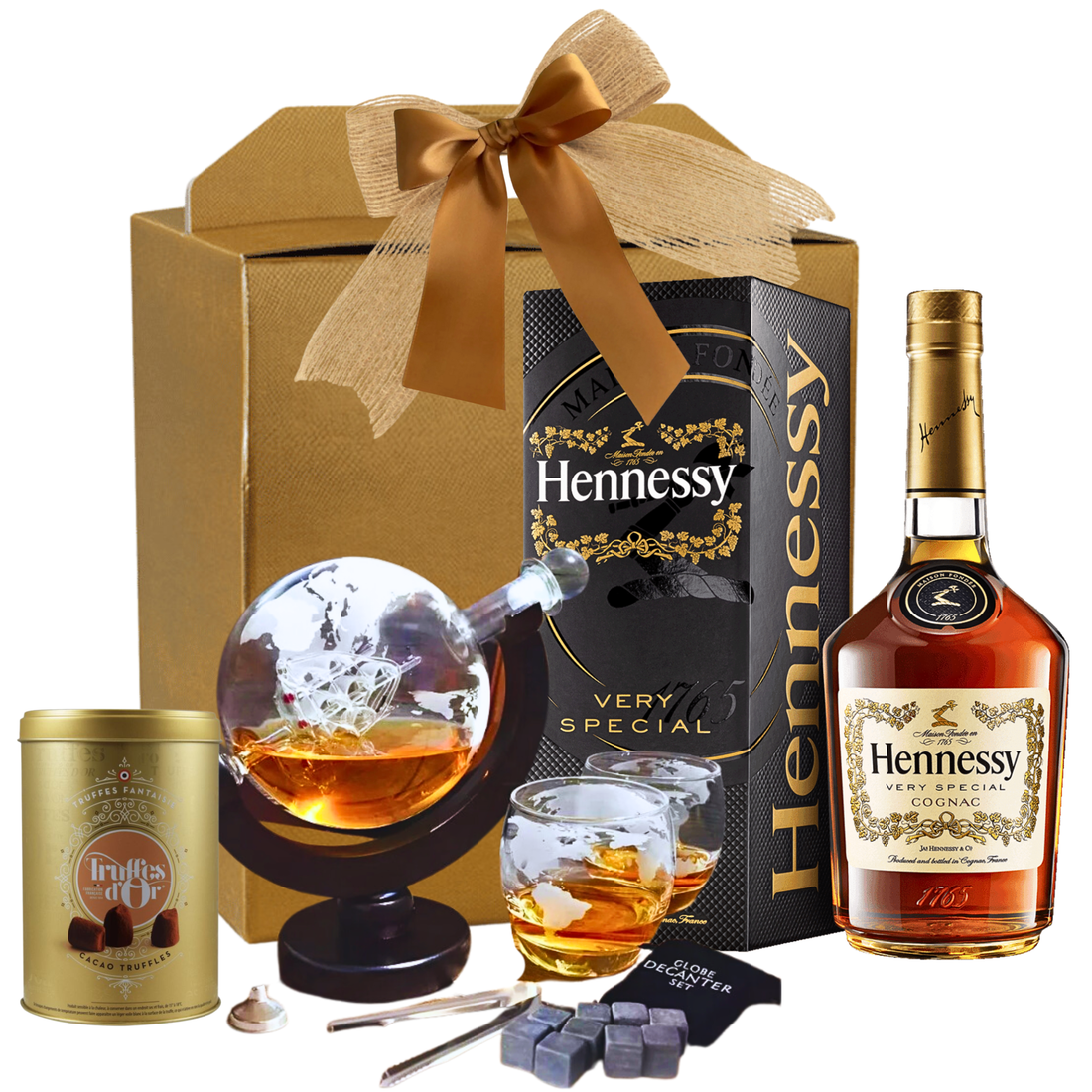 Globetrotter’s Hennessy VS Gift Set cu coniac Hennessy VS, decantor globe și praline Laurence într-o cutie premium
