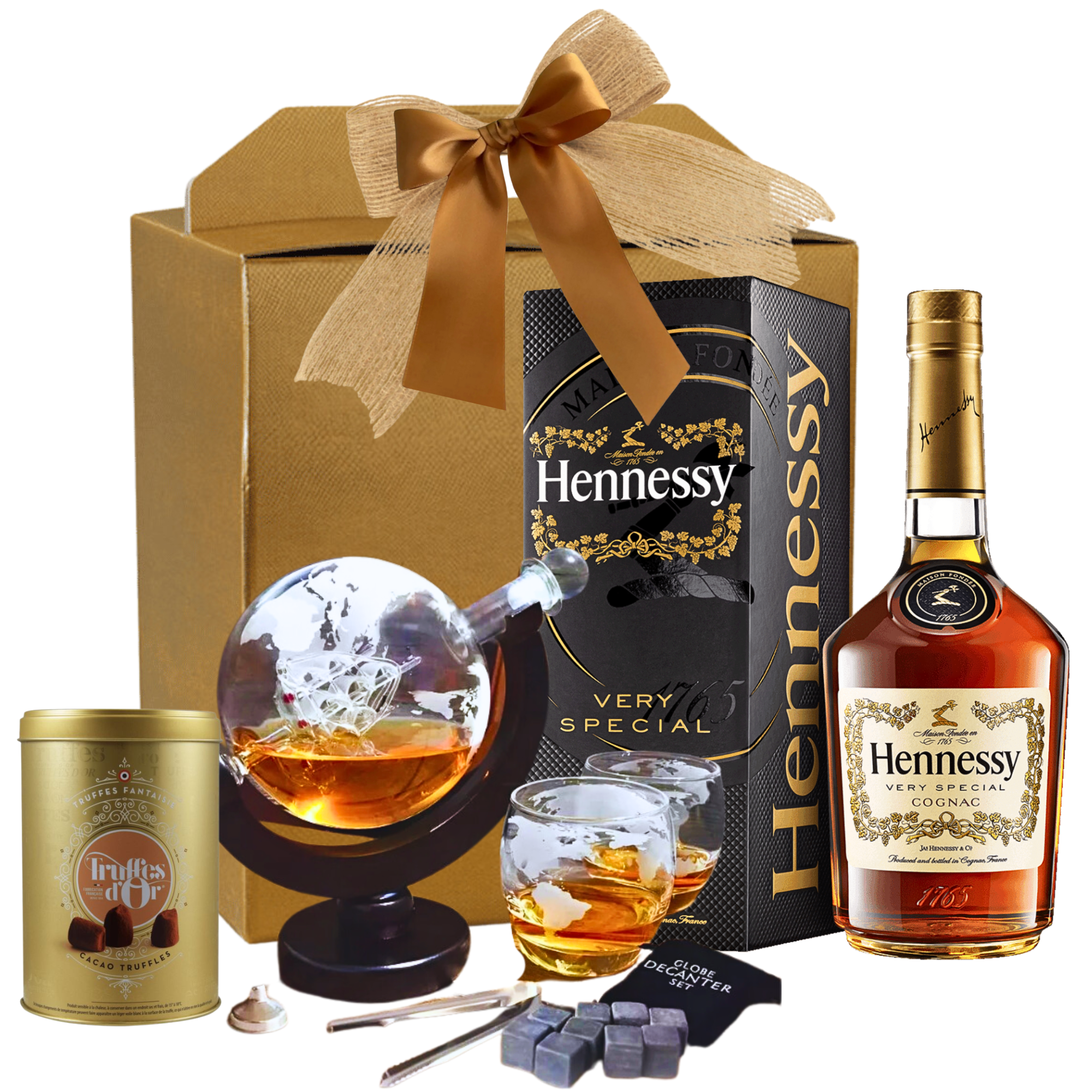 Globetrotter’s Hennessy VS Gift Set cu coniac Hennessy VS, decantor globe și praline Laurence într-o cutie premium

