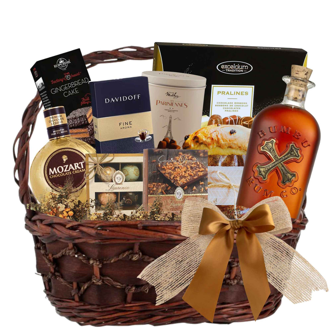 Coș Gold Mozart cu rom Bumbu, lichior Mozart, cafea Davidoff, praline , Ferrero Rocher, trufe cafea și panettone într-un coș premium