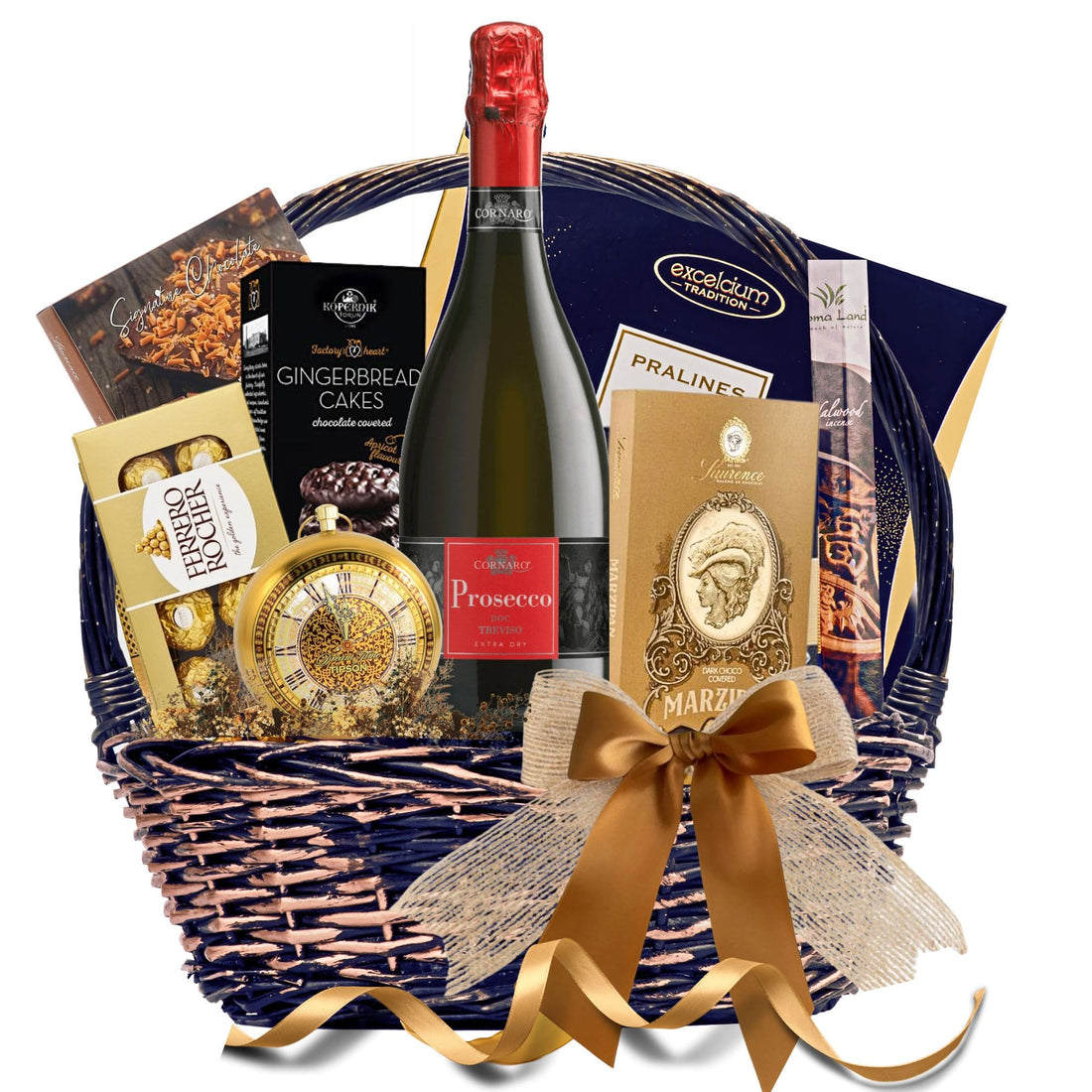 Coș It’s Prosecco O’Clock cu Cornaro Prosecco, ciocolată Laurence, Ferrero Rocher și turtă dulce Kopernik