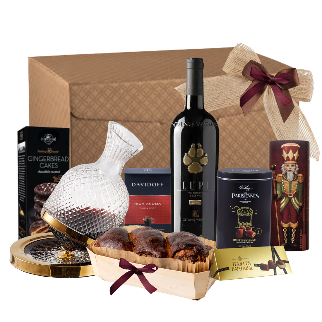 Coș Lupi Gitana Elegance cu vin Gitana, decantor rotativ și delicii trufate în ambalaj premium

