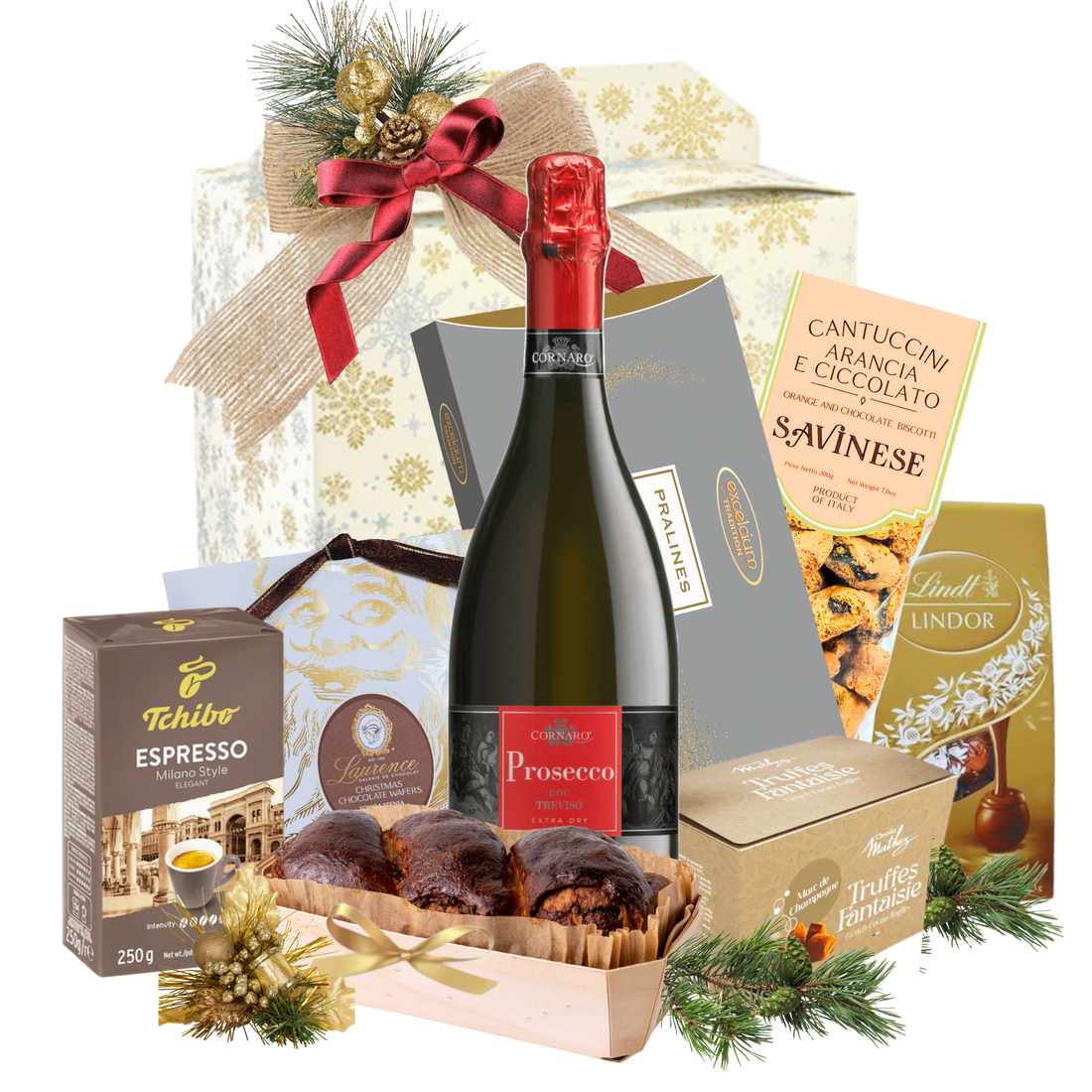 Coș Luxurious Delight cu Prosecco Cornaro, ceai Kingsleaf, vafe, praline și panettone în ambalaj festiv premium