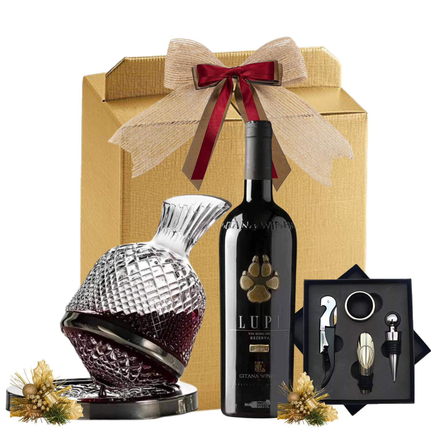 Luxury Sommelier Set cu vin Gitana Lupi, decantor rotativ, set accesorii și ciocolată Laurence în cutie premium