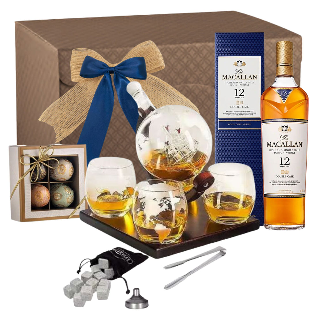 Cadou Macallan Whisky Explorer cu whisky Double Cask 12YO, decantor „Glob Pământesc” și praline Laurence în cutie premium