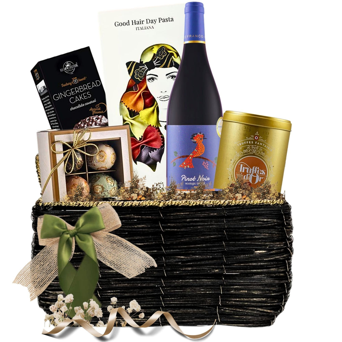 Coș Cadou Maestro Reserve cu trufe Mathez, praline Laurence, paste Butterfly și Pinot Noir Heritage într-un ambalaj festiv.