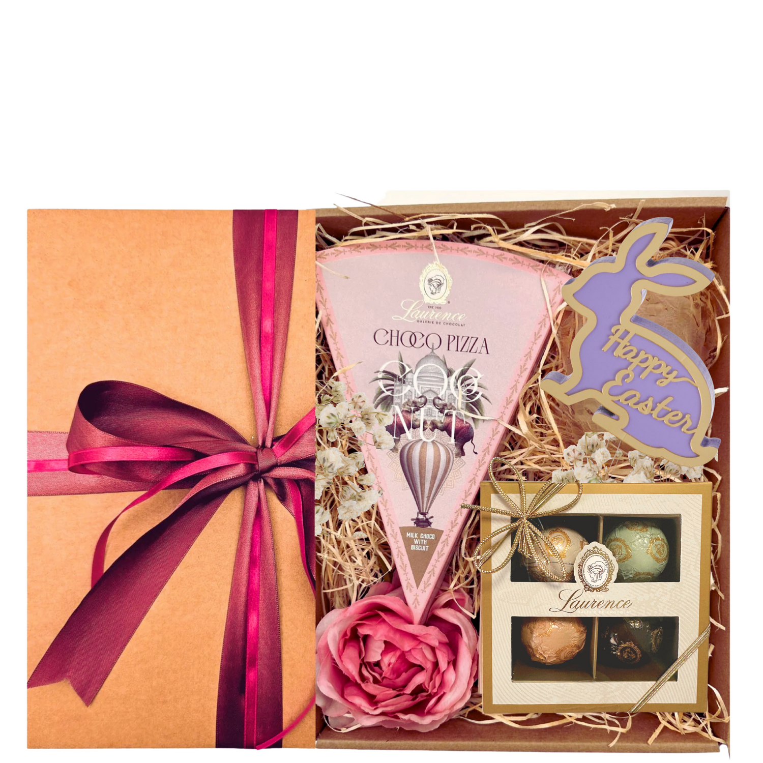 Coș La vie en Rose cu ciocolată Laurence Choco Pizza, cutie Bells și decorațiuni de Paște roz, în ambalaj premium
