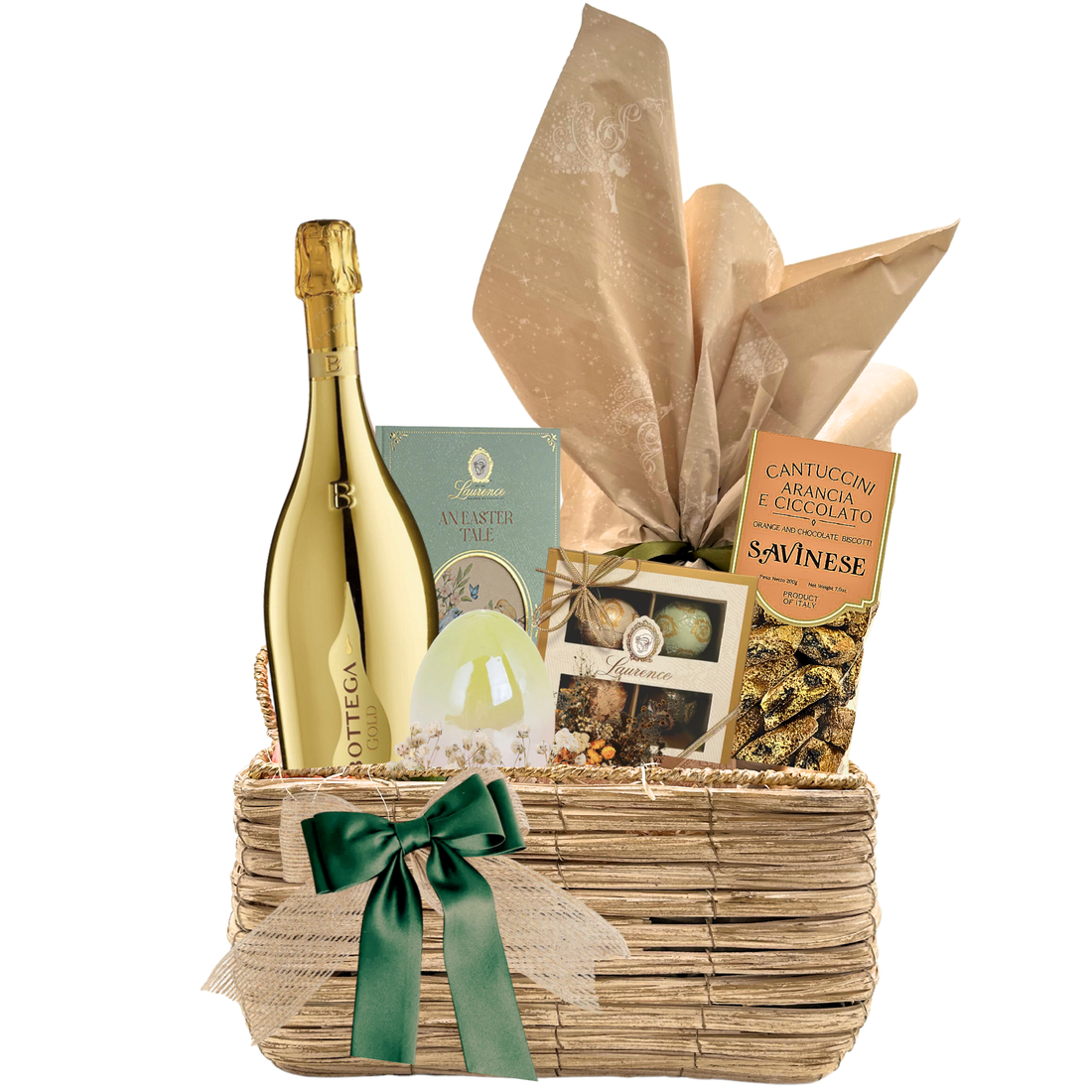 Coș Spring Delights cu Prosecco Bottega Gold, ciocolată Laurence, praline, cantuccini, panettone și ou ceramic, decor festiv
