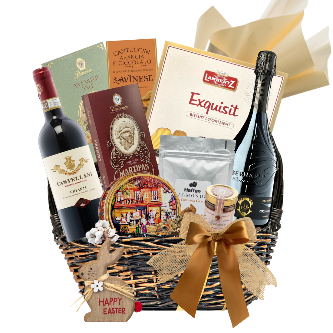 Coș Wine &amp; Prosecco cu Prosecco Bottega Gold, vin Chianti, ciocolată Laurence și panettone de Paște