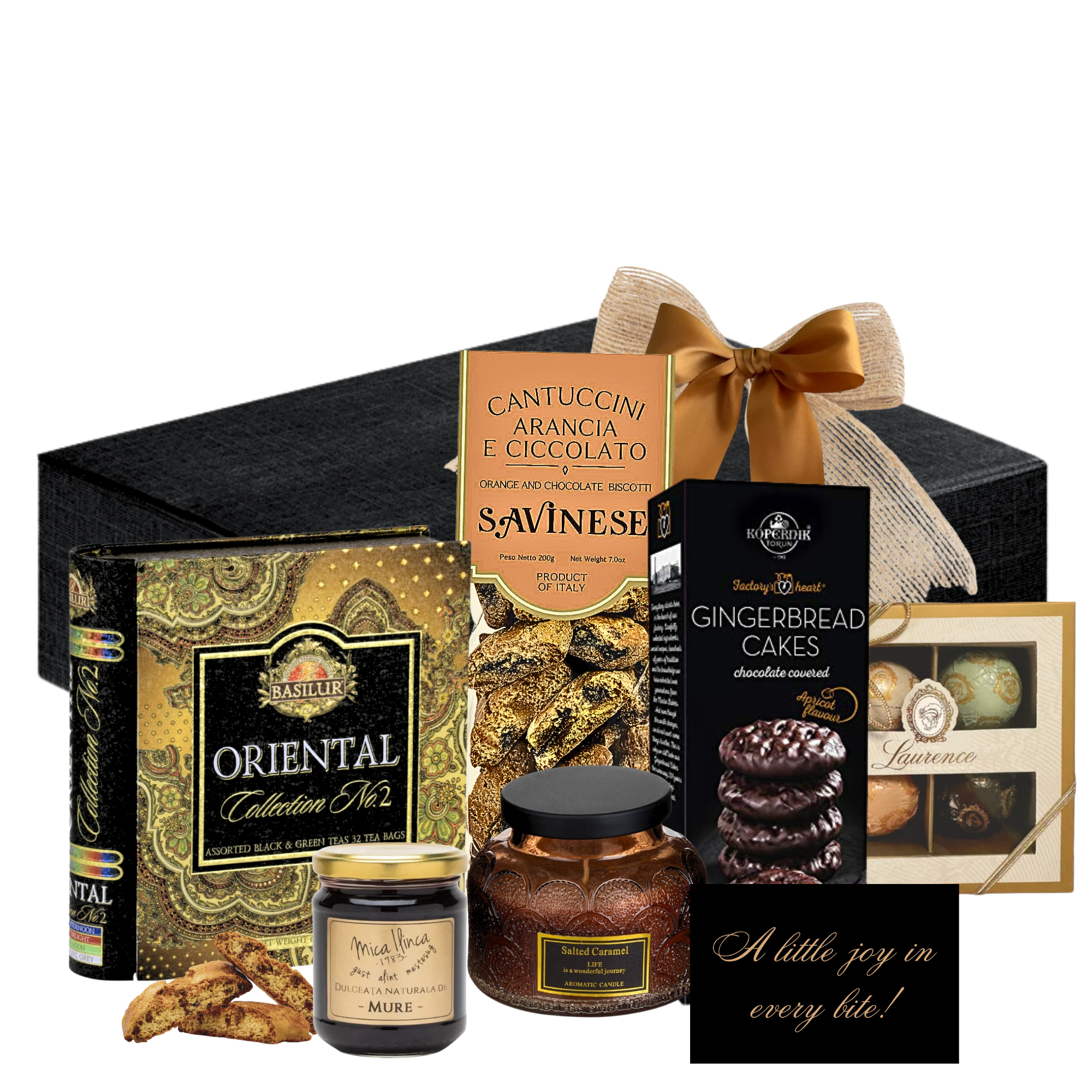 Cadou Prestige Treats cu ceai Basilar, caramel gourmet, cantuccini și lumânare parfumată