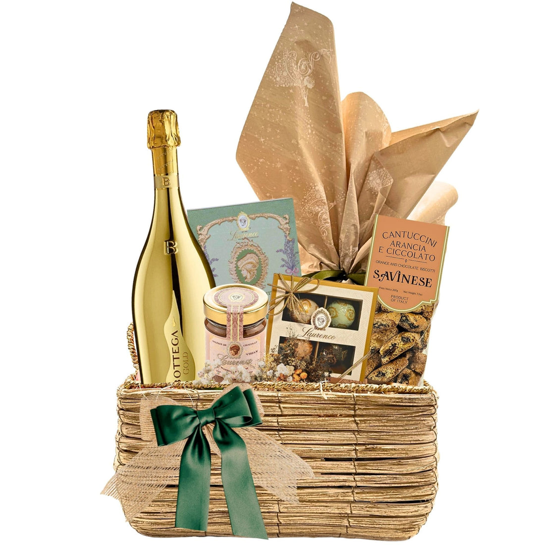 Coș Cadou Prosecco Gold Glam cu Prosecco Bottega și dulciuri Laurence într-o prezentare elegantă