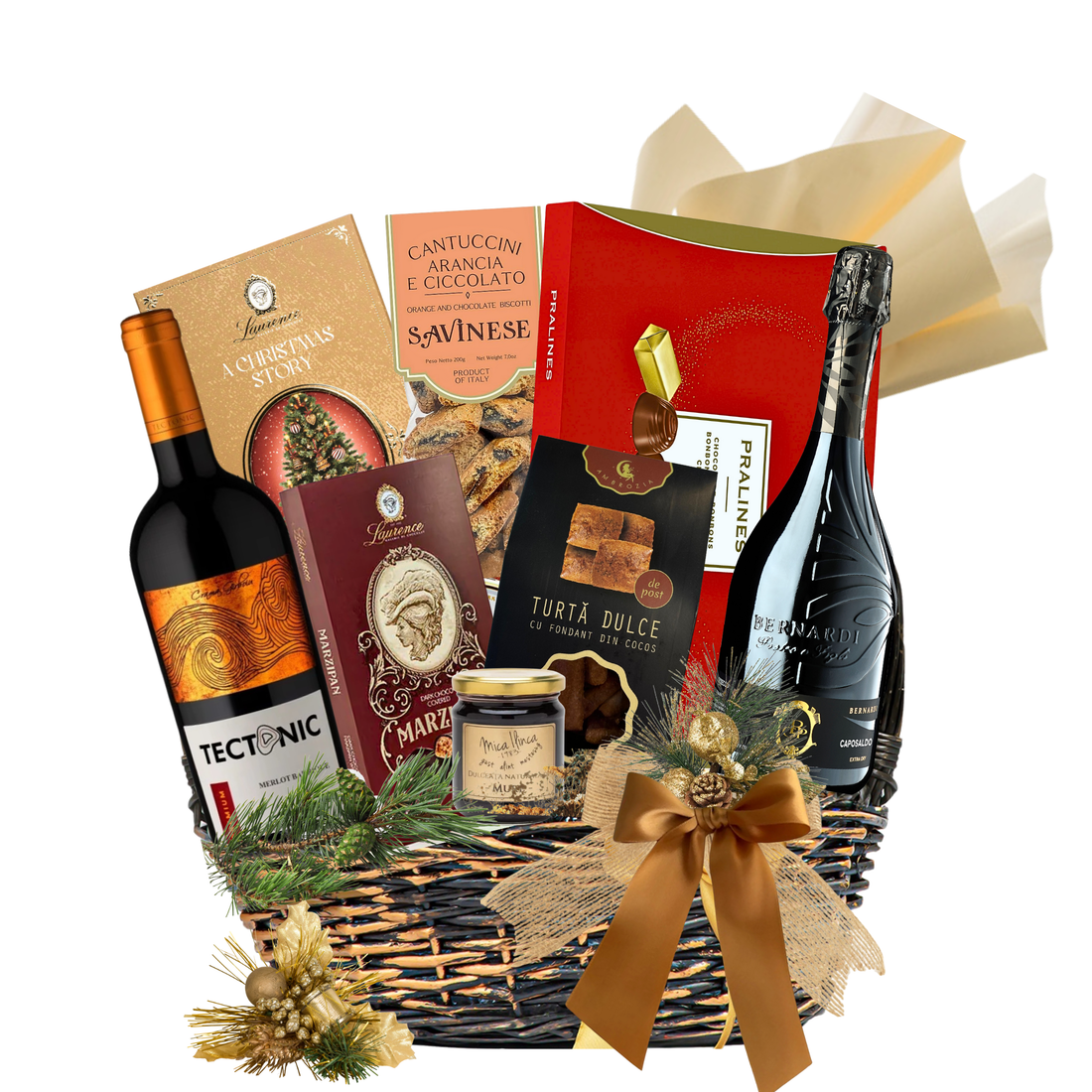 Coș Cadou Prosecco &amp; Wine Joy cu Prosecco Bernardi Caposaldo și Tectonic vin rosu